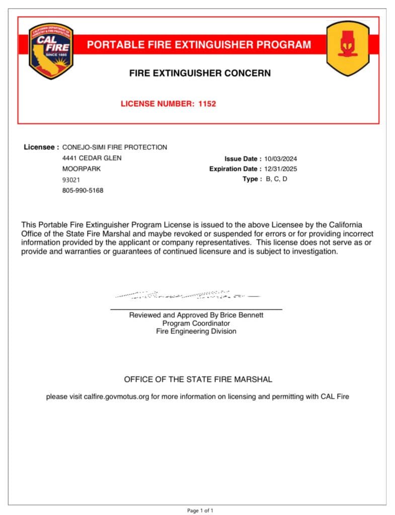 Fire Extinguisher Service professional certificate from the state of california.
